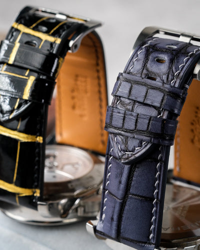 Bespoke Watch Straps in Gold Black Alligator & Grey Rubbed Off Crocodile