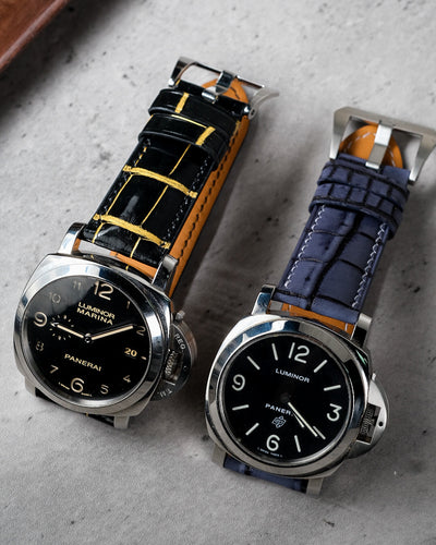 Bespoke Watch Straps in Gold Black Alligator & Grey Rubbed Off Crocodile