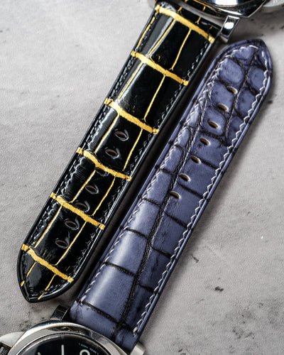 Bespoke Watch Straps in Gold Black Alligator & Grey Rubbed Off Crocodile