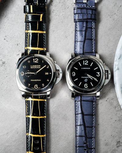 Bespoke Watch Straps in Gold Black Alligator & Grey Rubbed Off Crocodile