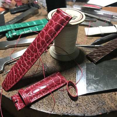Bespoke Watch Strap in Blood Red Circular Grains Alligator