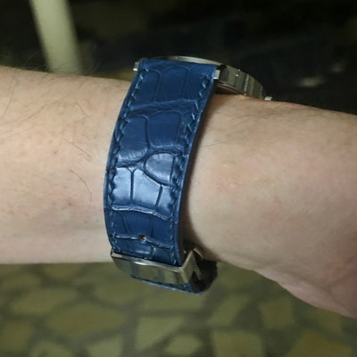 Bespoke Watch Strap in Peacock Blue Circular Grains Alligator