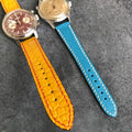 Bespoke Watch Straps in Yellow Circular Grains Alligator & Royal Blue Chevre