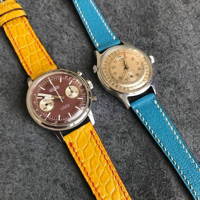 Bespoke Watch Straps in Yellow Circular Grains Alligator & Royal Blue Chevre