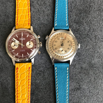 Bespoke Watch Straps in Yellow Circular Grains Alligator & Royal Blue Chevre