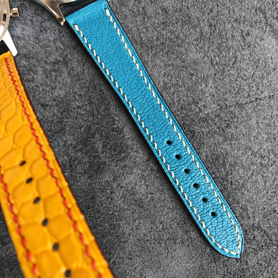 Bespoke Watch Straps in Yellow Circular Grains Alligator & Royal Blue Chevre