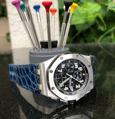 Bespoke Watch Strap in Electric Blue Circular Grains Alligator