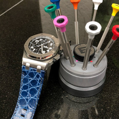 Bespoke Watch Strap in Electric Blue Circular Grains Alligator