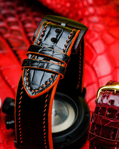 Bespoke Watch Straps in Black & Blood Red Crocodile