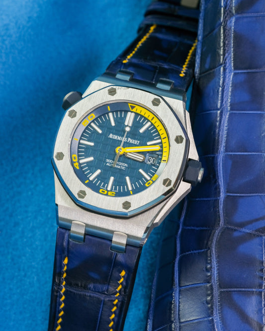 Bespoke Watch Strap in Tie Dye Blue Crocodile