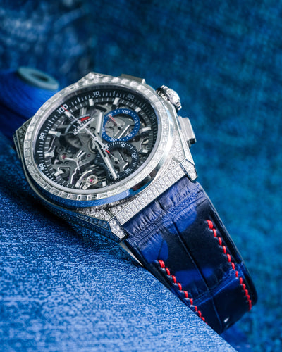 Bespoke Watch Strap in Tie Dye Blue Crocodile